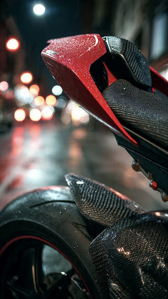 Moto sportiva in carbonio di notte in città
